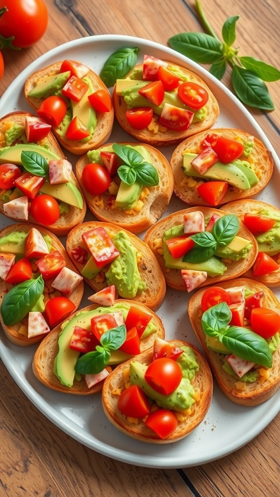 A colorful platter of avocado and tomato bruschetta on toasted baguette slices, garnished with basil.